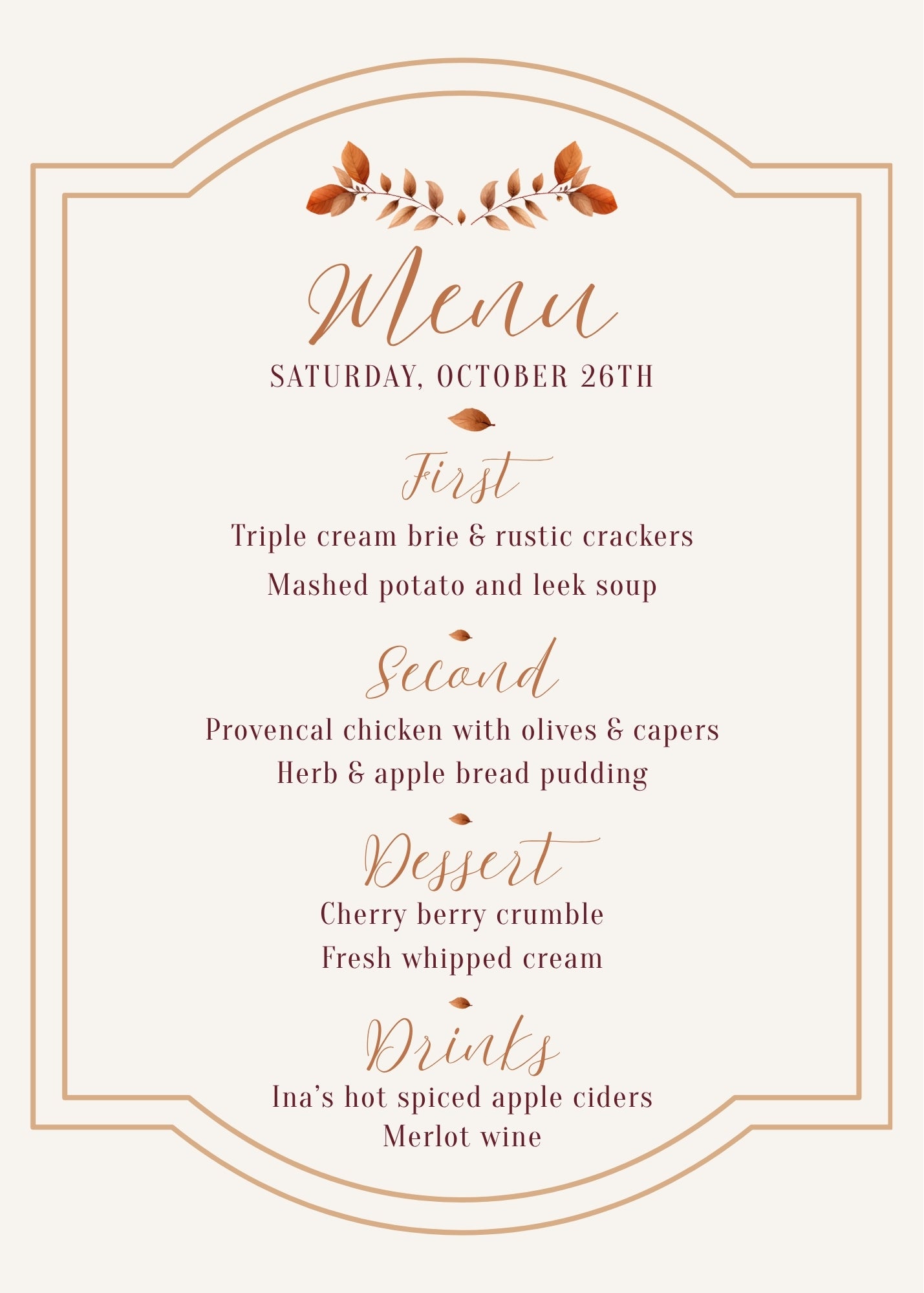 A vertical wedding menu card design with elegant typography and a decorative botanical border in a soft cream background with muted orange-brown accents.