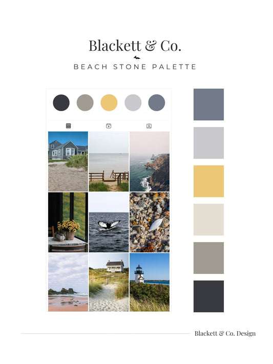 A branded palette board featuringBlackett & Co. Beach Stone Palette showing a row of circular colour chips, a grid of warm east coast beach photos, and a vertical swatch column in slate blue, light grey, mustard yellow, cream, taupe, and charcoal.