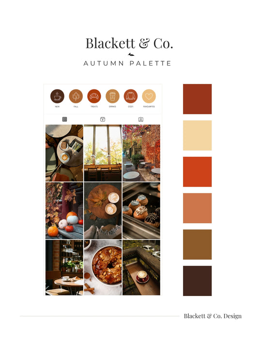 Blackett & Co. Autumn Colour Palette featuring six colour swatches labeled Rust, Muted Turmeric, Bold Pumpkin, Butternut, Spiced Chestnut, and Liquorice on a white background.