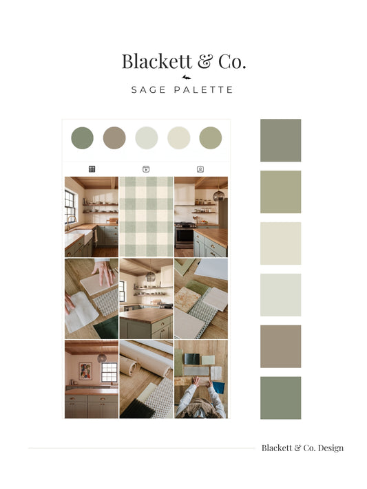 A colour palette card for Blackett & Co.'s Sage Palette, featuring six vertical colour swatches labeled Vintage Sage, Soft Moss, White Suede, Sprig, Smoked Laurel, and Matcha on a white background.