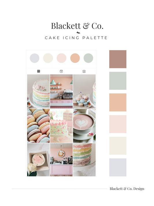 Blackett & Co.'s Cake Icing Palette featuring a grid of warm-toned cake and pastry photos and a vertical column of eight square colour swatches in dusty rose, sage green, peach, blush, cream, and pale grey