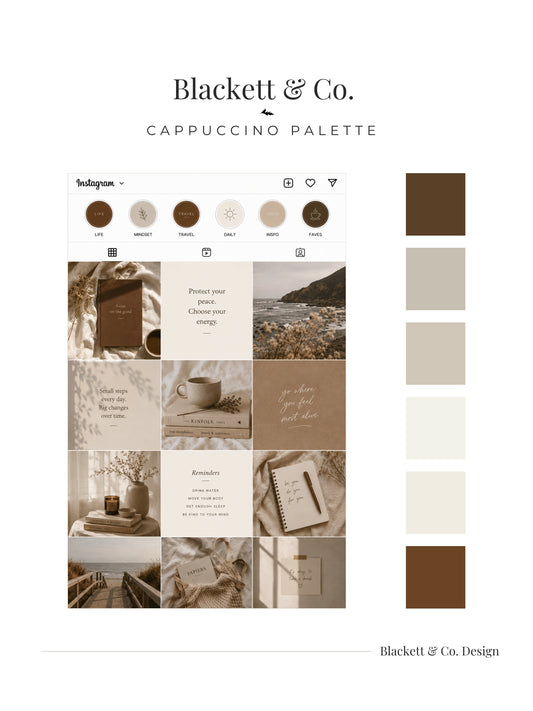 A branded palette board using the Cappuccino Palette showing a mock Instagram grid in warm beige, taupe, cream, and brown tones alongside a vertical row of colour swatches