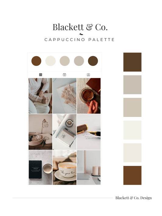 A branded palette board using the Cappuccino Palette showing a mock Instagram grid in warm beige, taupe, cream, and brown tones alongside a vertical row of colour swatches