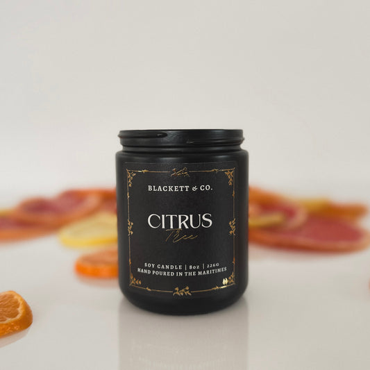 Citrus Tree scented natural soy candle in a black candle jar by Blackett & Co. with citrus slices on a light background