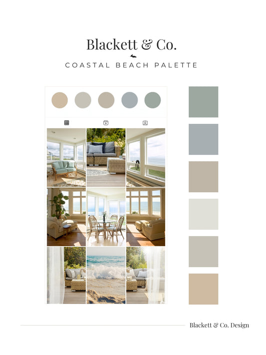 A branded palette board for Blackett & Co.'s Coastal Beach Palette showing five circular colour swatches, a vertical stack of neutral colour swatches, and a grid of beach and interior lifestyle photos in soft muted tones.