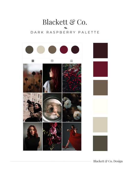 Colour palette featuring Blackett & Co.'s Dark Raspberry Palette featuring a grid of warm, moody photography themed images alongside a vertical column of colour swatches in dark raspberry, burgundy, taupe, cream, and charcoal grey.