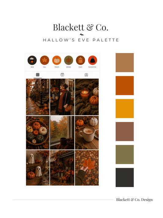 A digital colour palette and mood board using Hallow's Eve by Blackett & Co. The design features a vertical stack of warm-toned autumn-themed photos using the palette