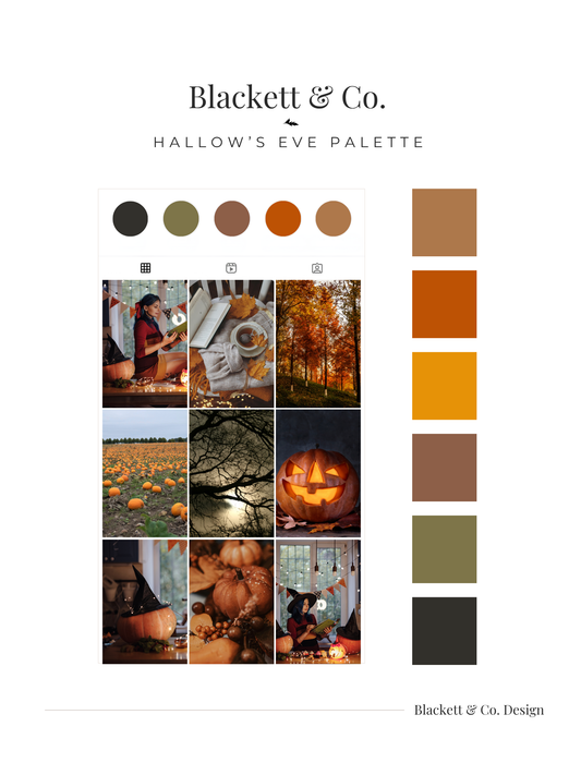 A digital colour palette and mood board using Hallow's Eve by Blackett & Co. The design features a vertical stack of warm-toned autumn-themed photos using the palette