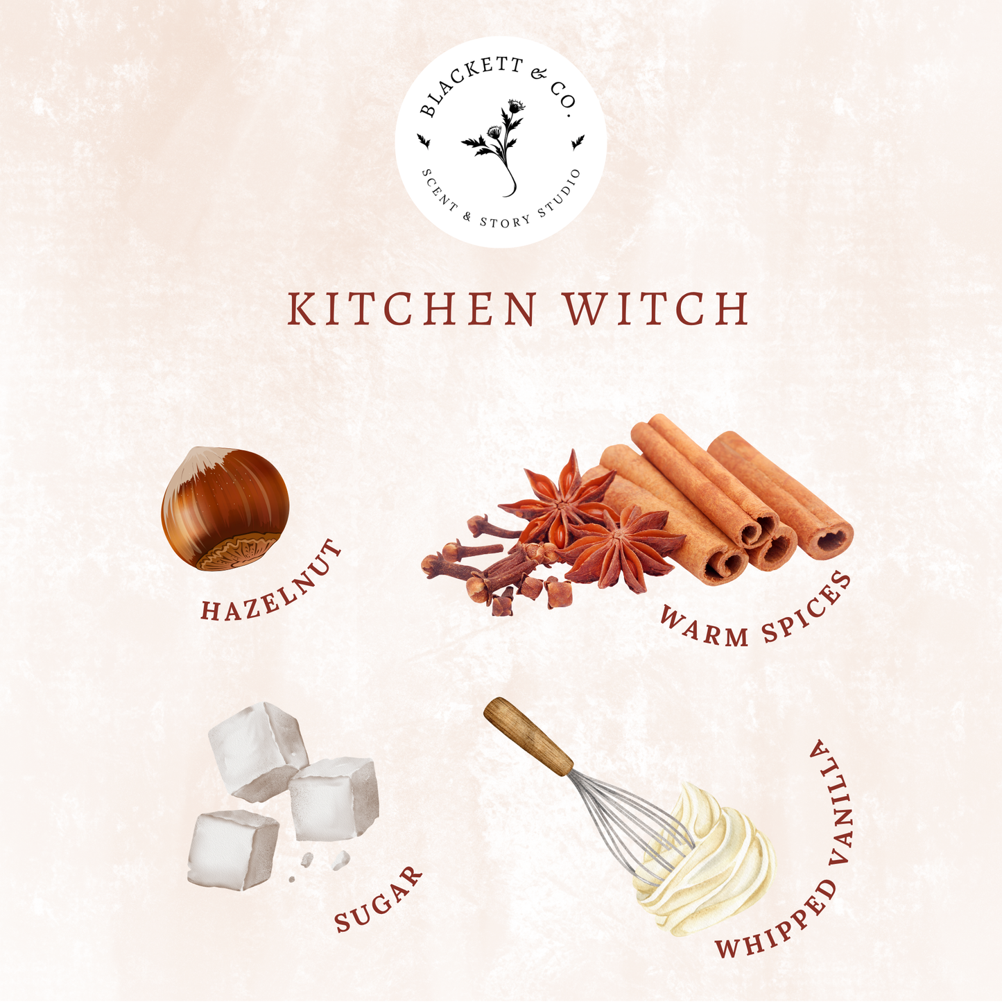 Scent notes of Kitchen Witch scented natural soy candle: hazelnut, warm spices, sugar, whipped vanilla.