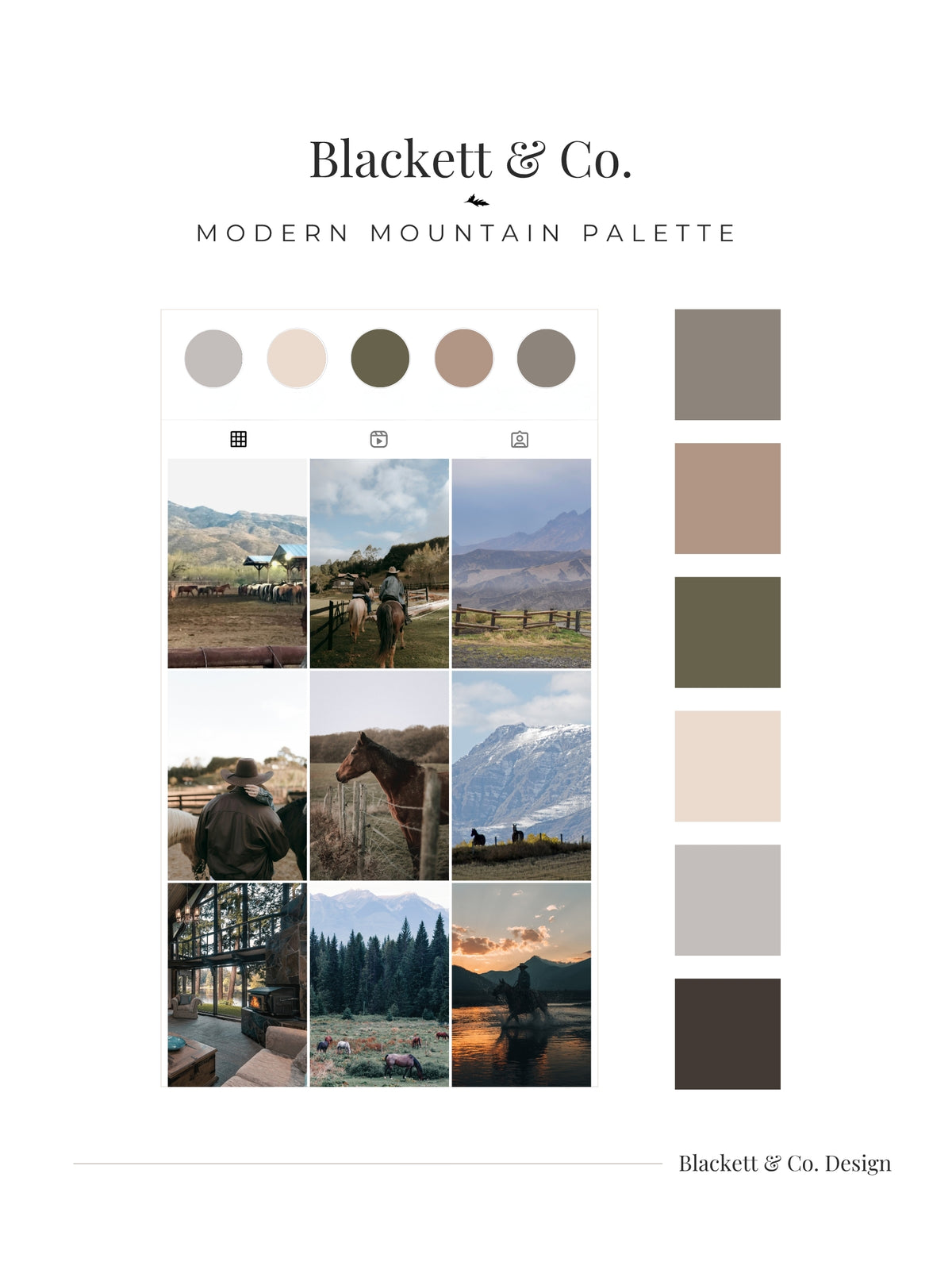 A branded palette board using Blackett & Co.'s Modern Mountain Palette showing a grid of western-themed landscape and horse photos in muted earthy tones.