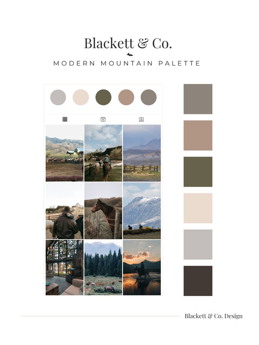 A branded palette board using Blackett & Co.'s Modern Mountain Palette showing a grid of western-themed landscape and horse photos in muted earthy tones.