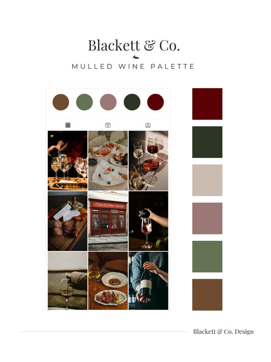 A branded palette board using Blackett & Co.'s Mulled Wine colour palette featuring a grid of warm interior design photos