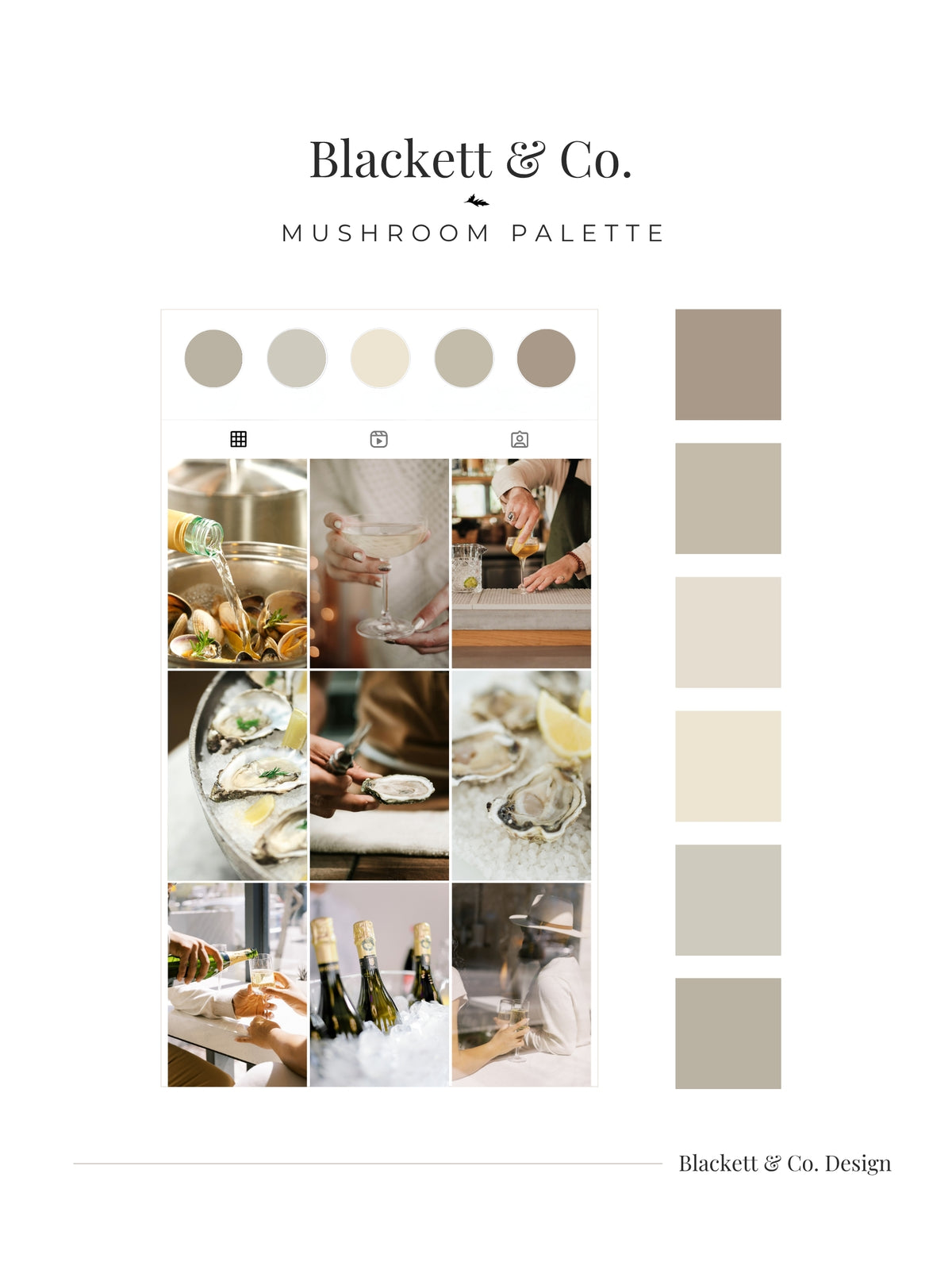 A branded palette board using for Blackett & Co.'s Mushroom Palette, a grid of warm neutral-toned interior and food photography, and a vertical row of beige and taupe swatches.