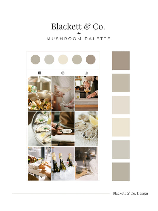 A branded palette board using for Blackett & Co.'s Mushroom Palette, a grid of warm neutral-toned interior and food photography, and a vertical row of beige and taupe swatches.