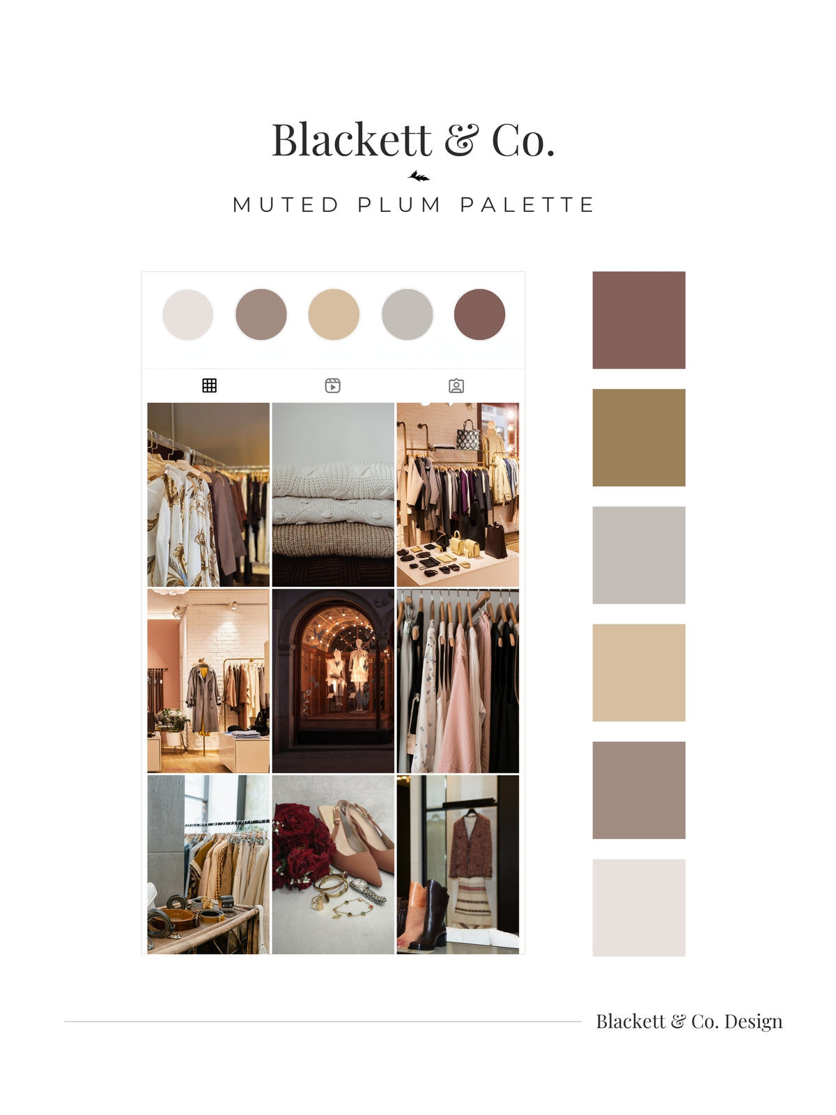 A digital colour palette board using Blackett & Co.'s Muted Plum colour palette featuring a grid of a women's clothing boutique in muted plum and beige tones, alongside a vertical column of eight colour swatches ranging from dusty rose and olive gold to cream.