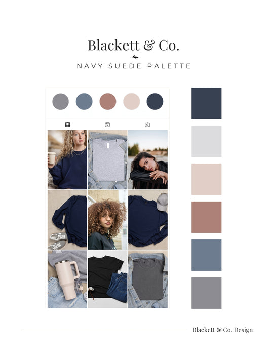 A branded colour palette board using Blackett & Co.'s Navy Suede palette showing circular colour swatches and a grid of a clothing line product photos.