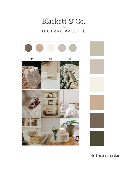 A neutral design palette by Blackett & Co. featuring colour swatches, interior design collage photos, and a vertical row of beige, cream, tan, brown, taupe, and olive swatches.