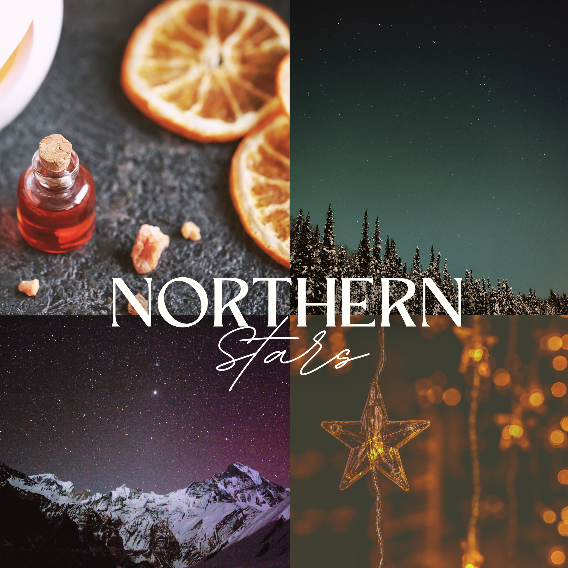 Scent notes of Northern Stars scented natural soy candle: tangerine, cinnamon, caramel, vanilla, almond.