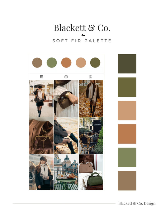 A digital colour palette board using Blackett & Co.'s Soft Fir colour palette featuring a grid of cozy fall fashion photos on the left and six colour swatches on the right in olive green, terracotta, beige, and brown