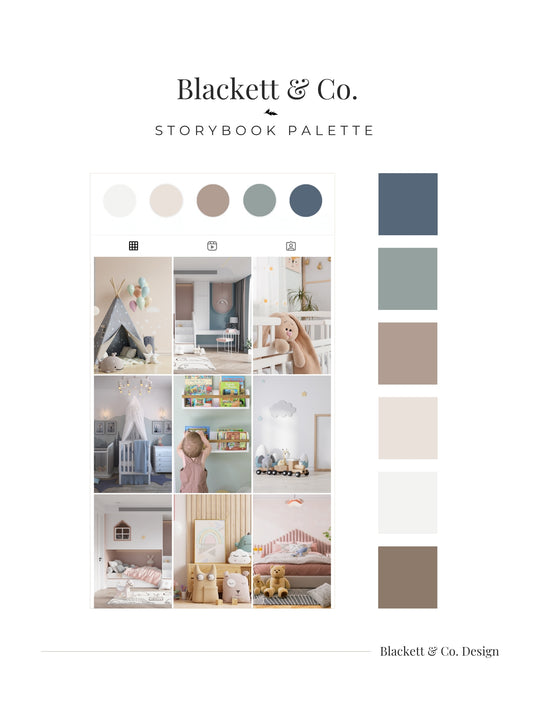 A styled colour palette sheet titled Storybook Palette by Blackett & Co. featured on a children's bedroom theme Instagram page.