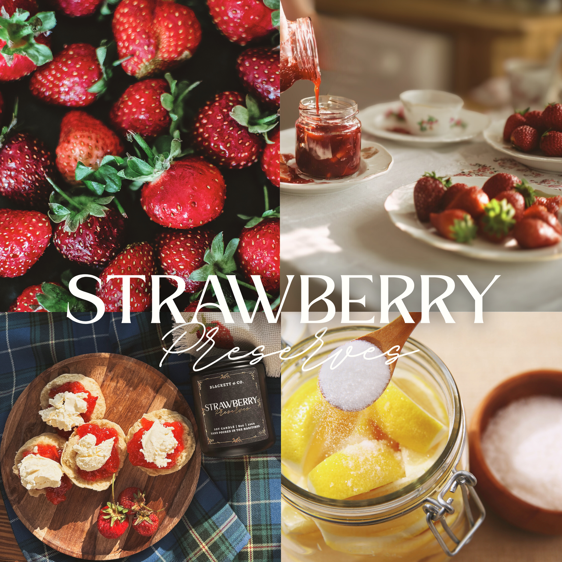 Scent notes of Strawberry Preserves scented natural soy candle: strawberries, lemon zest, vanilla bean, sugar, and strawberry  jam.