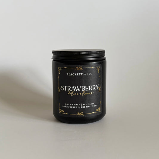 Strawberry Preserves scented natural soy candle in a black jar by Blackett & Co.