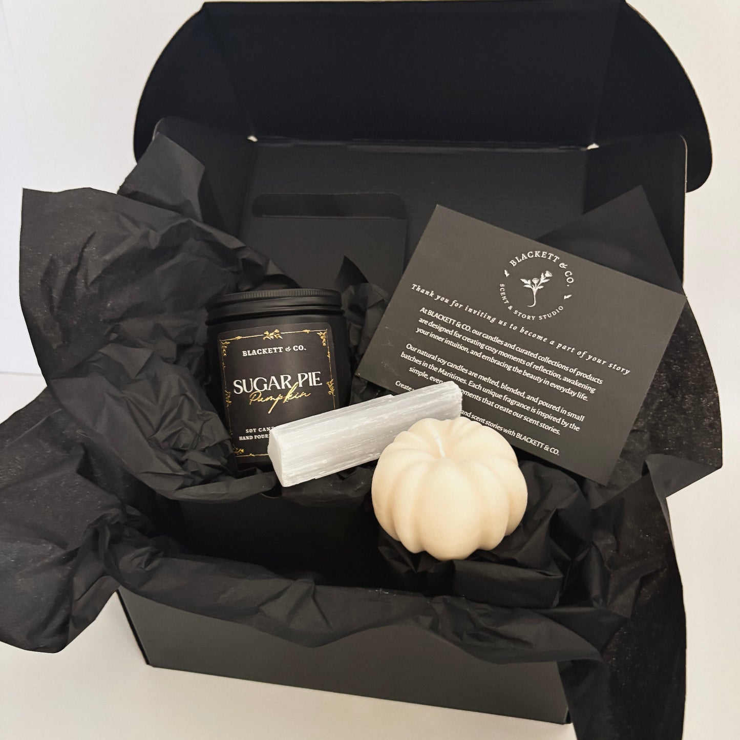 Sugar Pie Pumpkin scented natural soy candle set with raw Selenite stick and unscented pumpkin-shaped soy candle