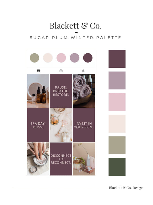 A digital colour palette board using Blackett & Co.'s Sugar Plum Winter Palette featuring a grid of cozy spa-themed lifestyle photos in muted plum, pink, beige, and sage tones