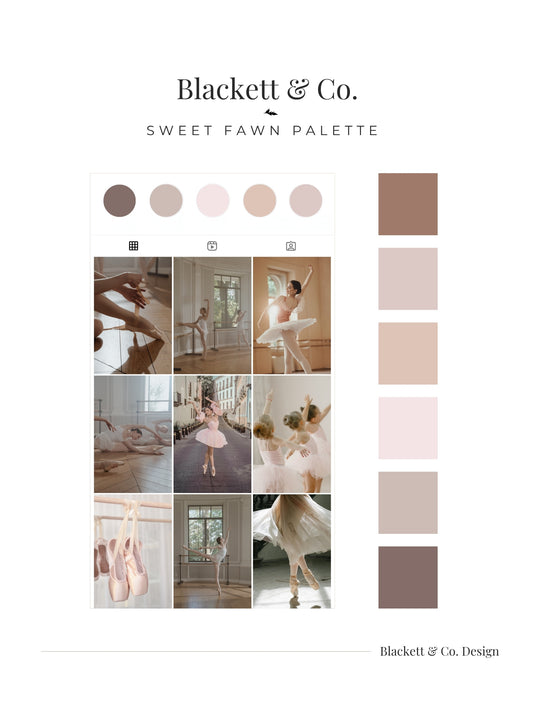 A digital brand palette board for Blackett & Co.'s Sweet Fawn Palette' featuring a grid of ethereal ballet-themed social media photos in soft neutral tones, alongside a vertical colour swatch strip on the right.
