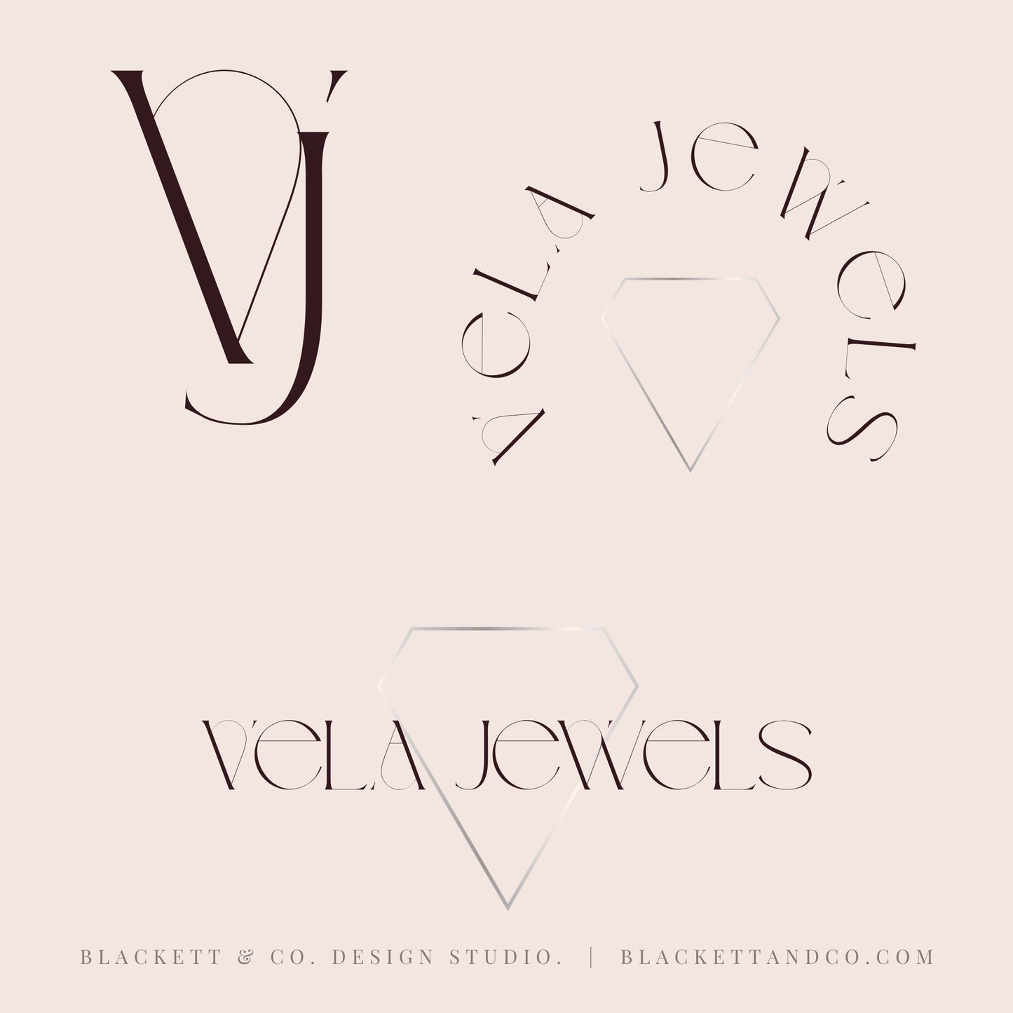 Variations of a brand logo design for shown on a pale blush pink background, featuring elegant typography and a minimalist outline diamond icon.