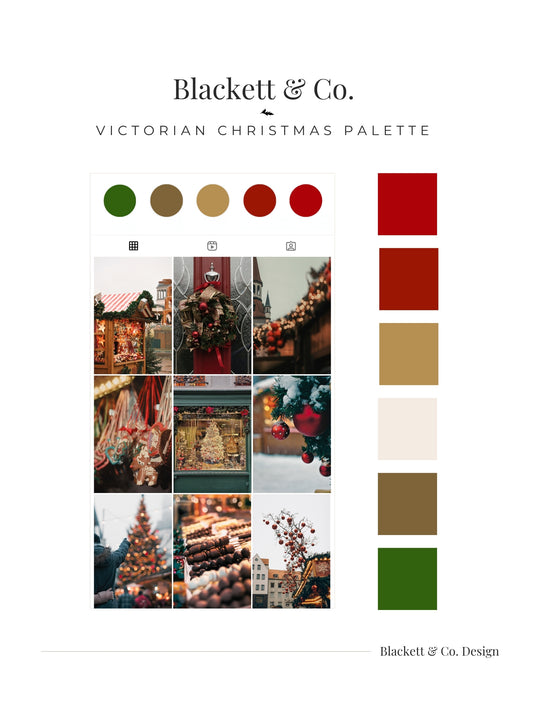 A branded colour palette board featuring Blackett & Co.'s Victorian Christmas colour palette showing a grid of warm holiday lifestyle photos alongside a vertical row of colour swatches in red, deep red, tan, cream, brown, and green