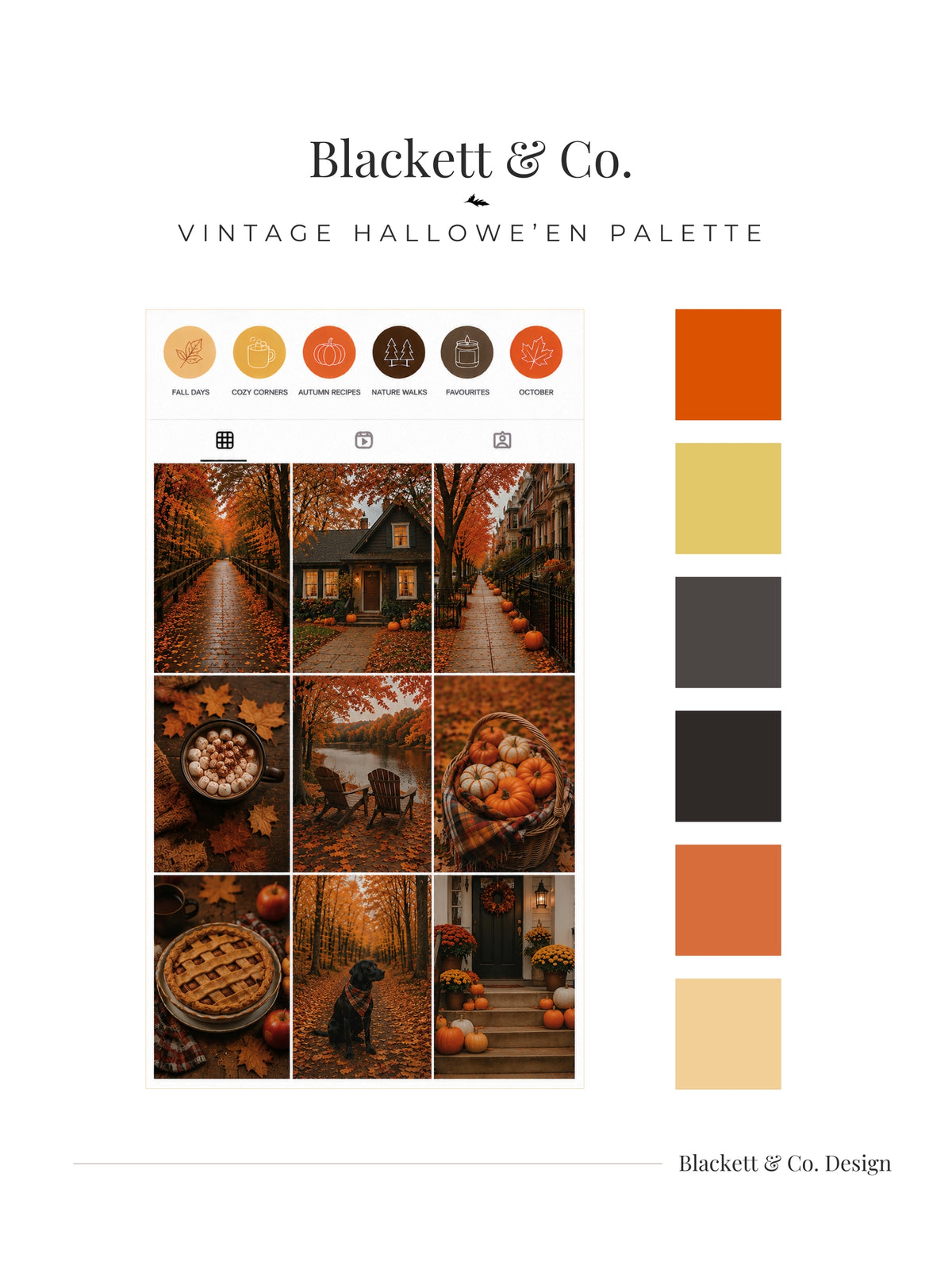 A digital colour palette and mood board featuring Blackett & Co.'s Vintage Hallowe'en colour palette with moody fall and autumnal photos
