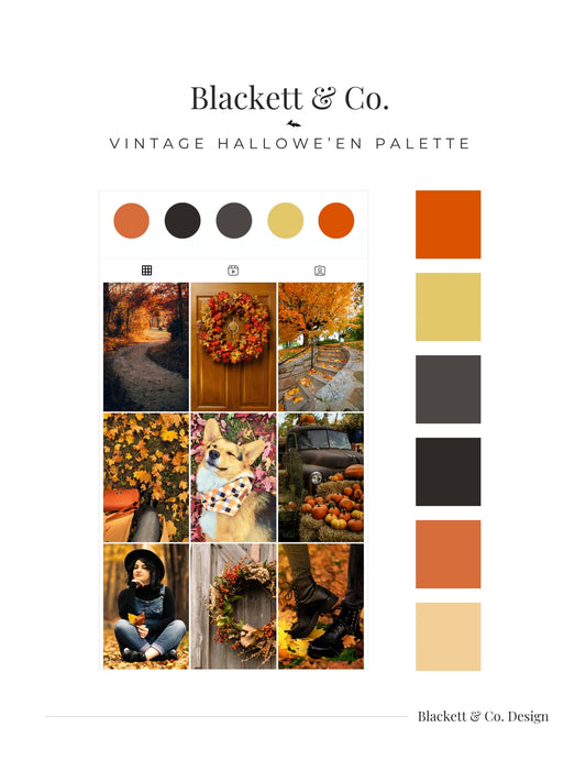 A digital colour palette and mood board featuring Blackett & Co.'s Vintage Hallowe'en colour palette with moody fall and autumnal photos