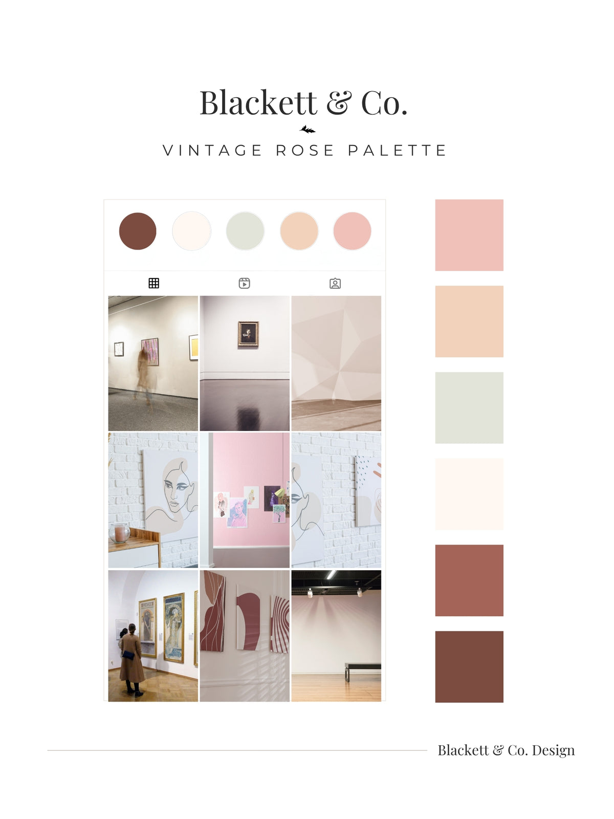 A branded palette board using Blackett & Co. Vintage Rose colour palette, showing a row of circular colour chips, a grid of warm beige and blush interior photography, and a vertical swatch strip in blush, cream, taupe, rust, and dark brown