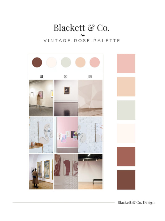 A branded palette board using Blackett & Co. Vintage Rose colour palette, showing a row of circular colour chips, a grid of warm beige and blush interior photography, and a vertical swatch strip in blush, cream, taupe, rust, and dark brown