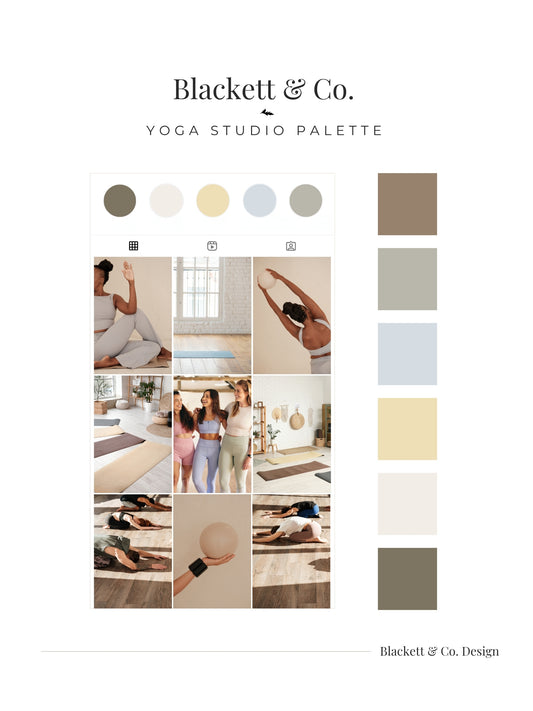 A branded palette board using Blackett & Co.'s Yoga Studio colour palette showing a grid of warm-toned interior and yoga photos alongside a vertical row of neutral colour swatches in taupe, sage, pale blue, cream, and olive