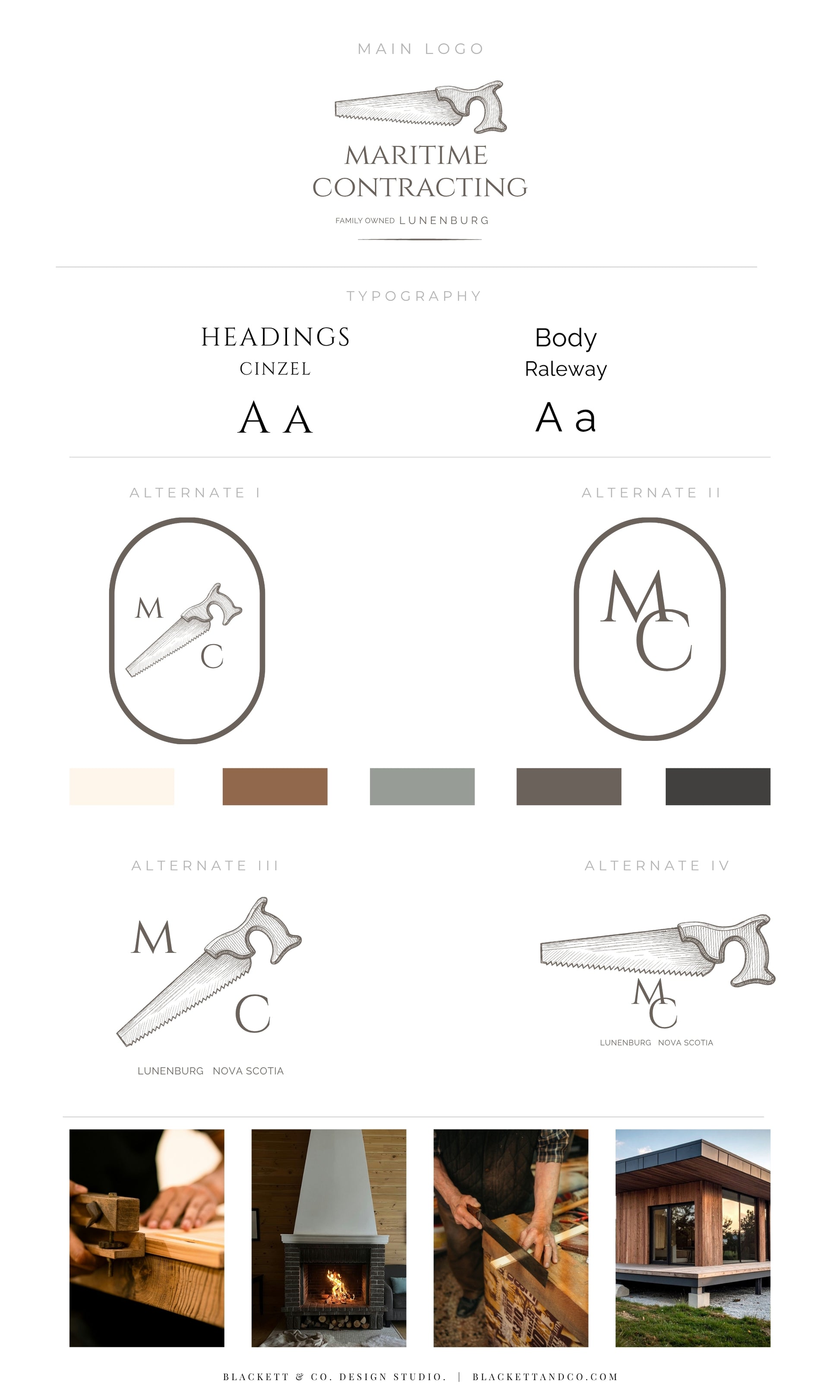 Antique Saw brand logo variations, typography choices, colour swatches, and small lifestyle photos showing hands at work and a modern building exterior.