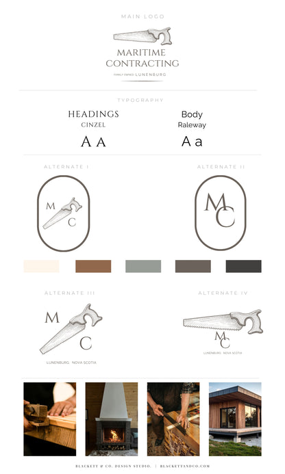 Antique Saw brand logo variations, typography choices, colour swatches, and small lifestyle photos showing hands at work and a modern building exterior.