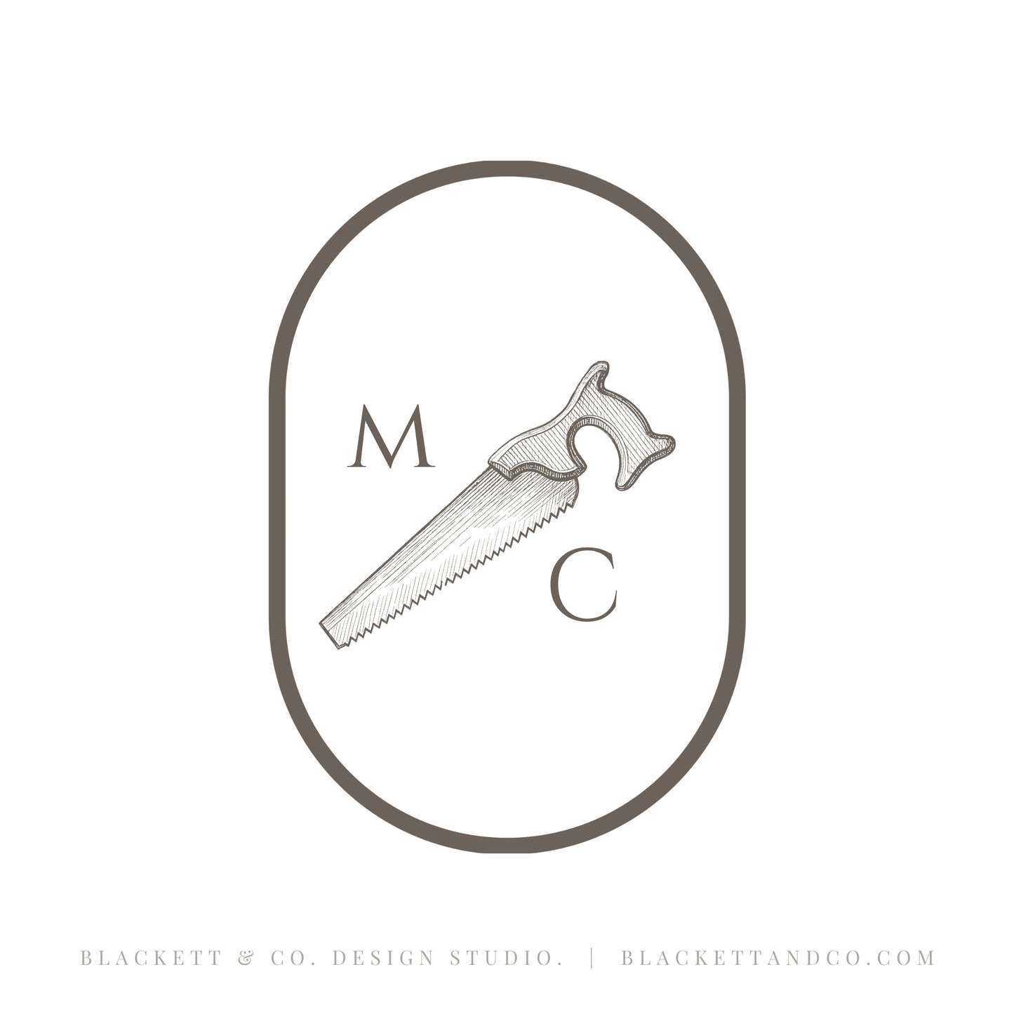 Antique Saw brand logo, monogram-style featuring a hand saw illustration inside an oval border, with the letters M and C placed on either side of the saw.