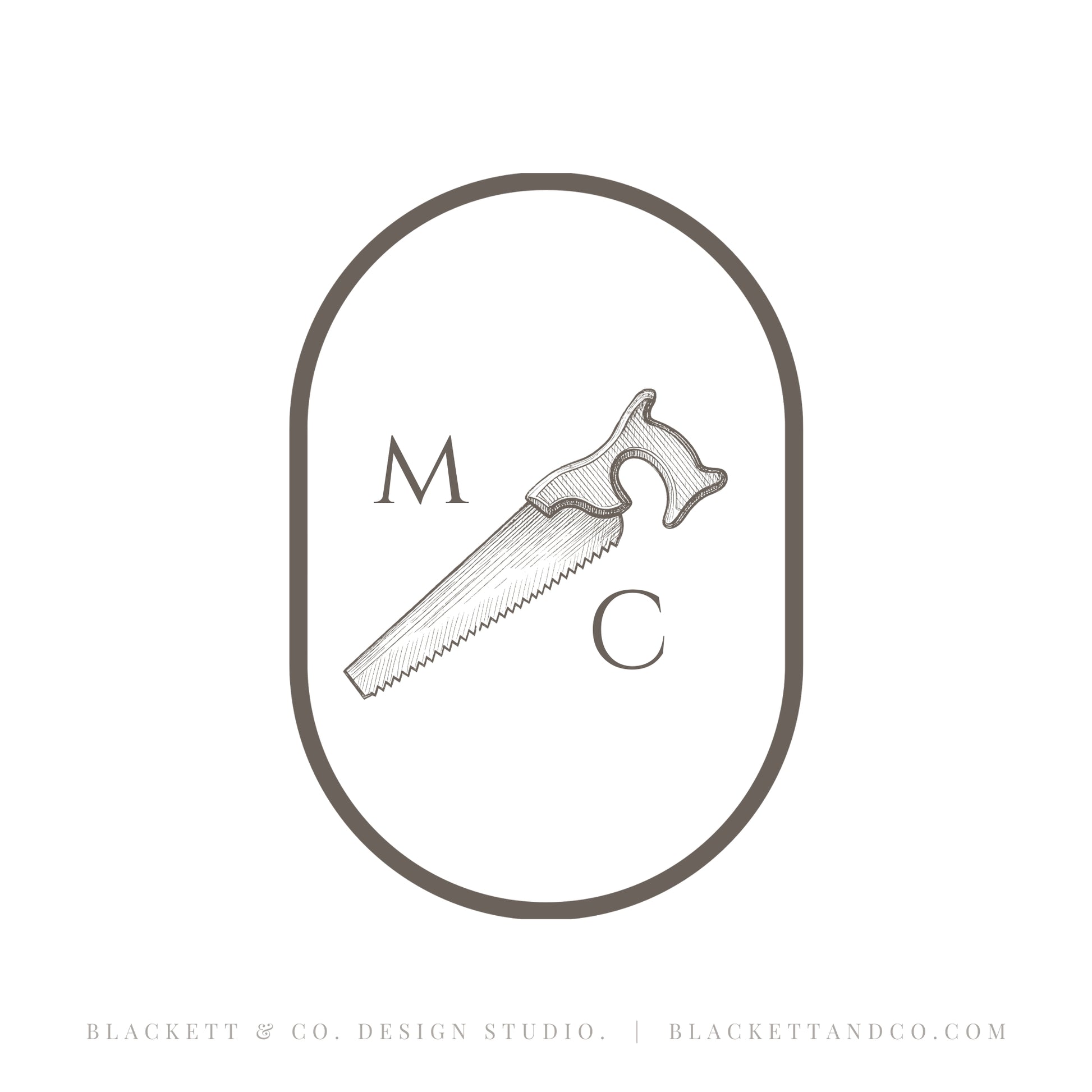 Antique Saw brand logo, monogram-style featuring a hand saw illustration inside an oval border, with the letters M and C placed on either side of the saw.