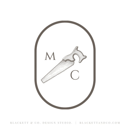 Antique Saw brand logo, monogram-style featuring a hand saw illustration inside an oval border, with the letters M and C placed on either side of the saw.