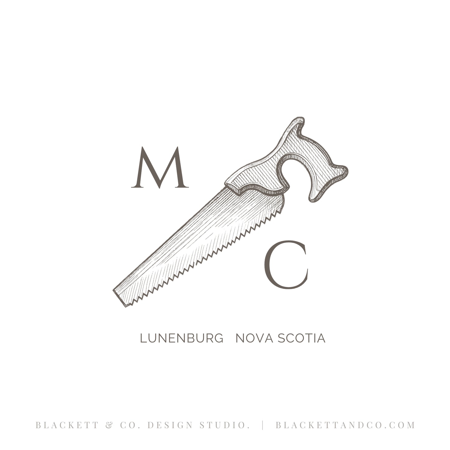 Antique Saw brand logo monogram-style illustration of a hand saw centred with the letters M and C surrounding the tool and the text.