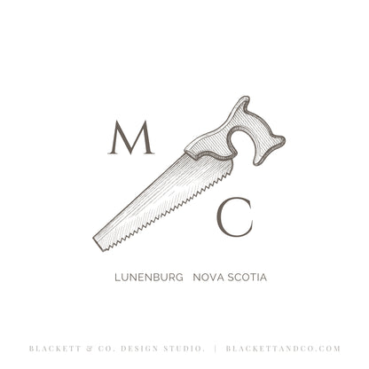Antique Saw brand logo monogram-style illustration of a hand saw centred with the letters M and C surrounding the tool and the text.