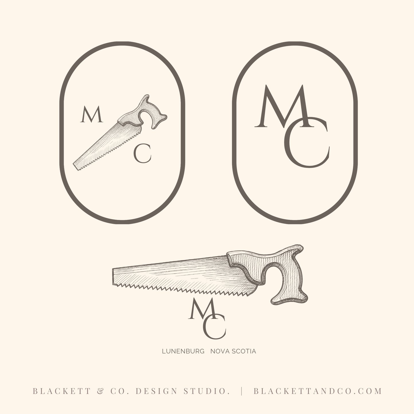Antique Saw brand logos featuring hand-drawn style logos and a saw illustration on a warm cream background. The design includes two oval monogram emblems.