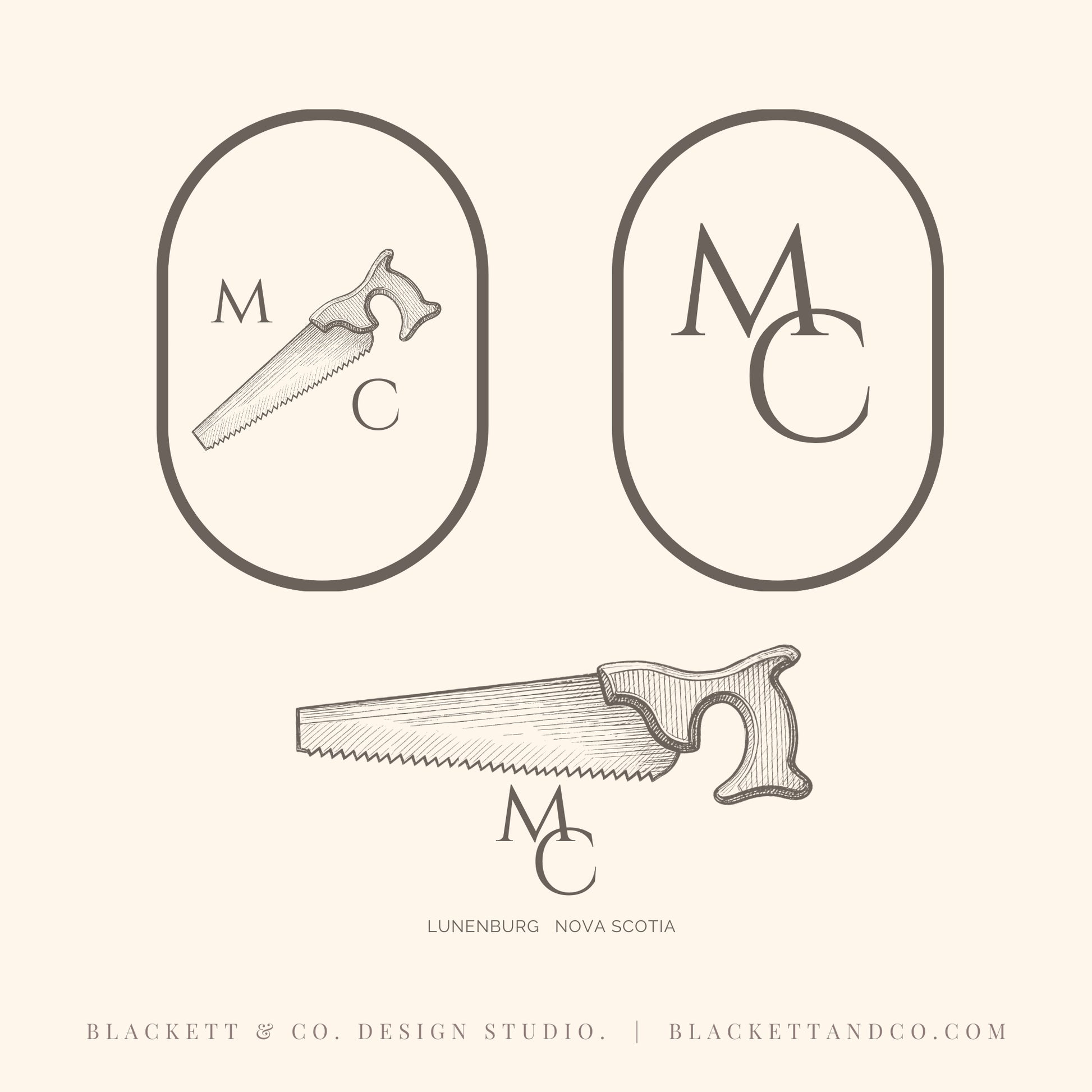 Antique Saw brand logos featuring hand-drawn style logos and a saw illustration on a warm cream background. The design includes two oval monogram emblems.