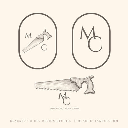 Antique Saw brand logos featuring hand-drawn style logos and a saw illustration on a warm cream background. The design includes two oval monogram emblems.
