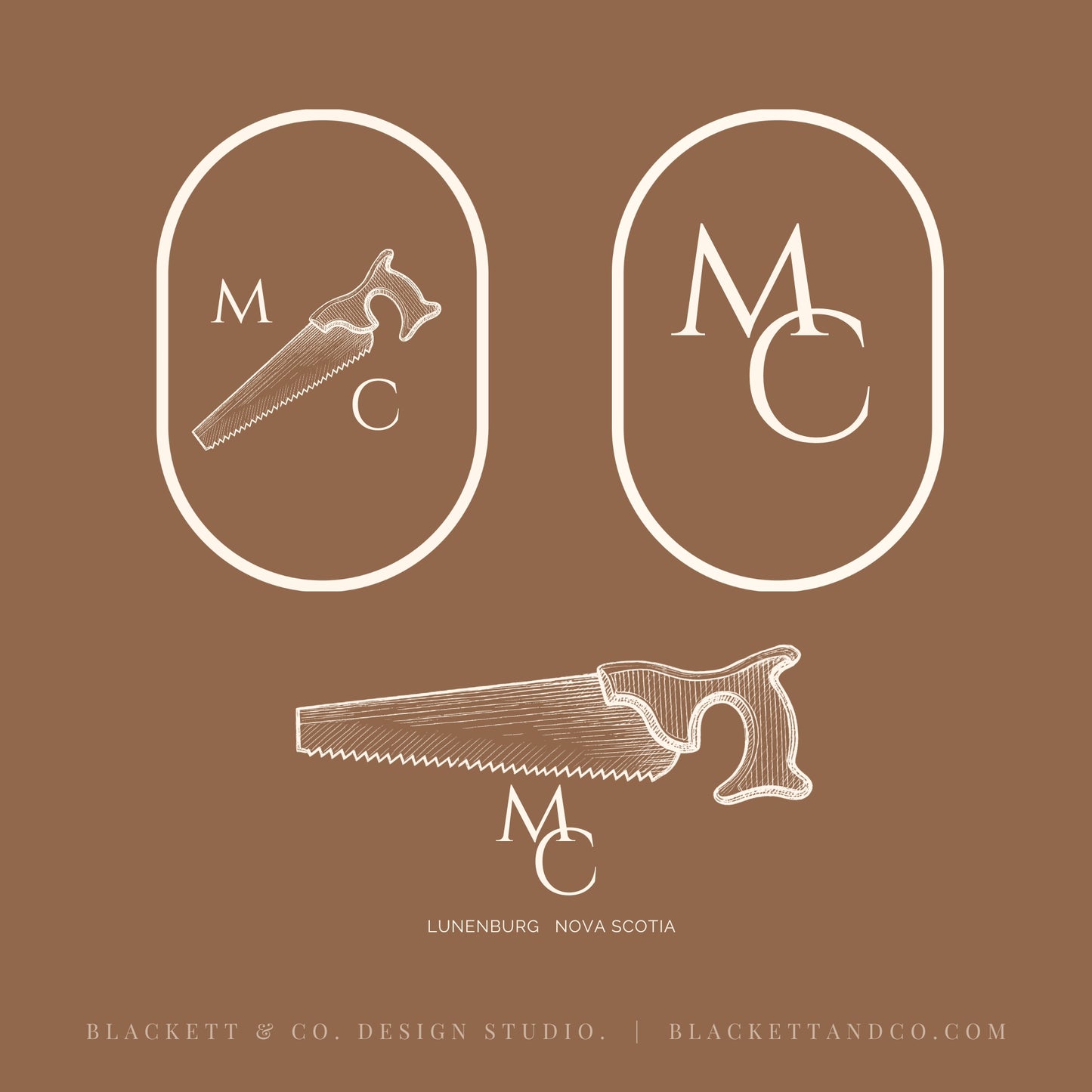 Antique Saw brand logos white line drawings and lettering. Two oval logo frames appear at the top, one containing a hand saw.