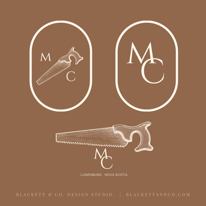 Antique Saw brand logos white line drawings and lettering. Two oval logo frames appear at the top, one containing a hand saw.