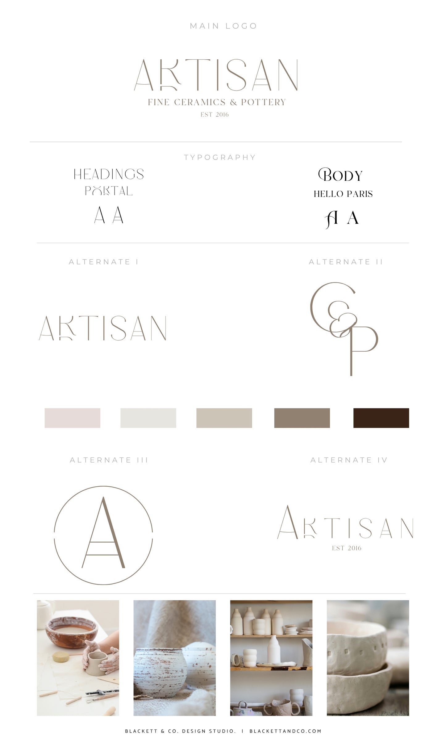Artisan Brand Logo featuring typography options, monogram variations, colour palette, and lifestyle photos of ceramic products.