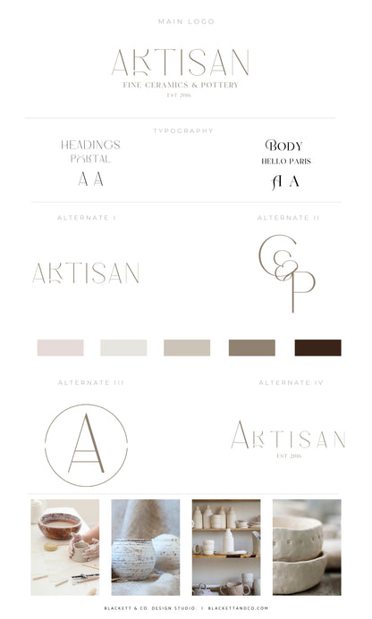 Artisan Brand Logo featuring typography options, monogram variations, colour palette, and lifestyle photos of ceramic products.